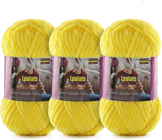 Baby Blanket Yarn for Crocheting Soft - 3 Pack of 100g/3.5oz Chunky Chenille Yarn for Knitting Blankets Amigurumi - #6 Super Bulky - 261 Yards Thick Plush Yarns (3, Yellow)