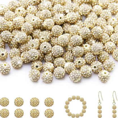 200 Pcs 10mm Rhinestone Beads for Jewelry Making, Light Yellow Shiny Round Shamballa Disco Baseball Necklace Beads Sparkle Crystal Clay Pave Rhinestones Bead for DIY Bracelet Earring Making Supplies