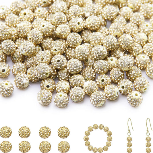 200 Pcs 10mm Rhinestone Beads for Jewelry Making, Light Yellow Shiny Round Shamballa Disco Baseball Necklace Beads Sparkle Crystal Clay Pave Rhinestones Bead for DIY Bracelet Earring Making Supplies