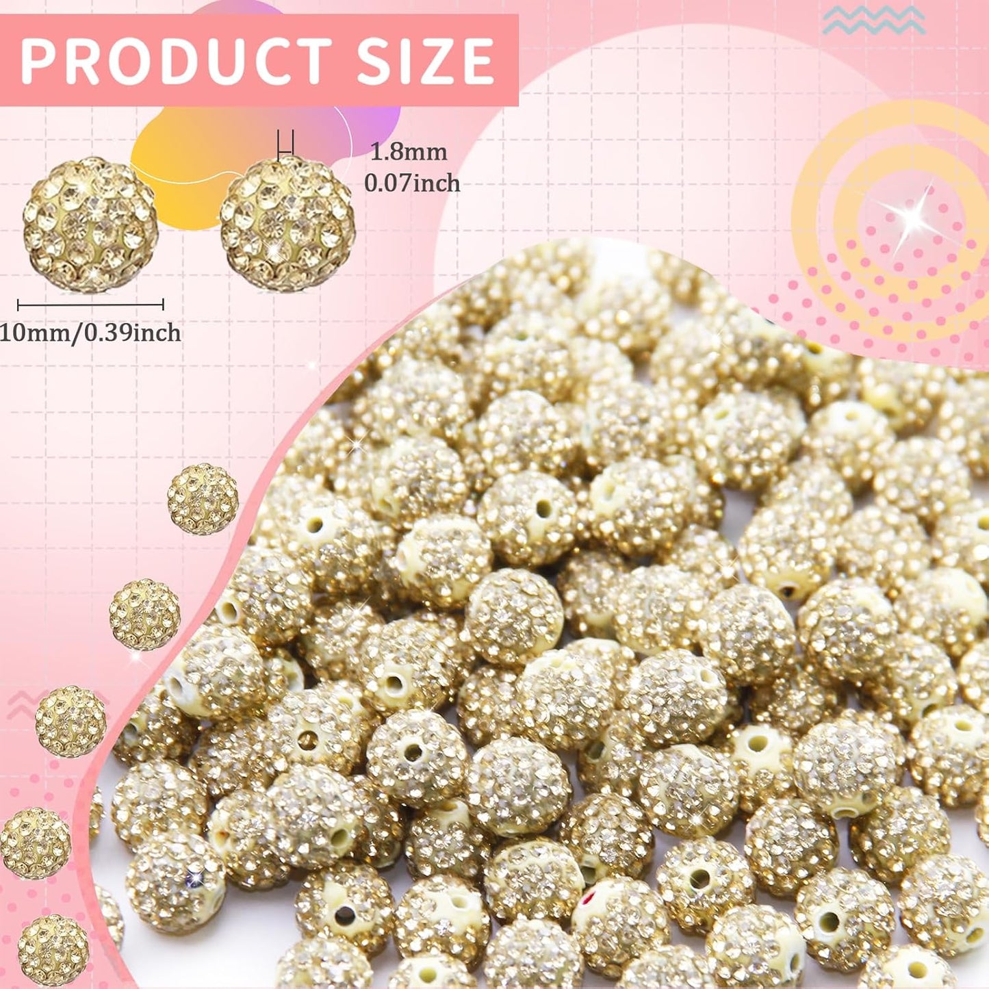 200 Pcs 10mm Rhinestone Beads for Jewelry Making, Light Yellow Shiny Round Shamballa Disco Baseball Necklace Beads Sparkle Crystal Clay Pave Rhinestones Bead for DIY Bracelet Earring Making Supplies
