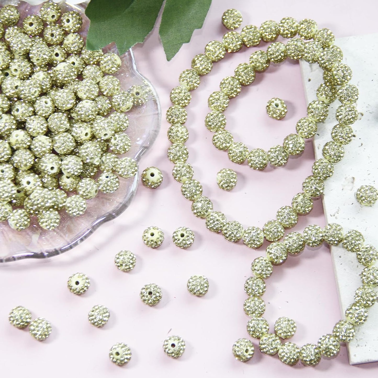 200 Pcs 10mm Rhinestone Beads for Jewelry Making, Light Yellow Shiny Round Shamballa Disco Baseball Necklace Beads Sparkle Crystal Clay Pave Rhinestones Bead for DIY Bracelet Earring Making Supplies