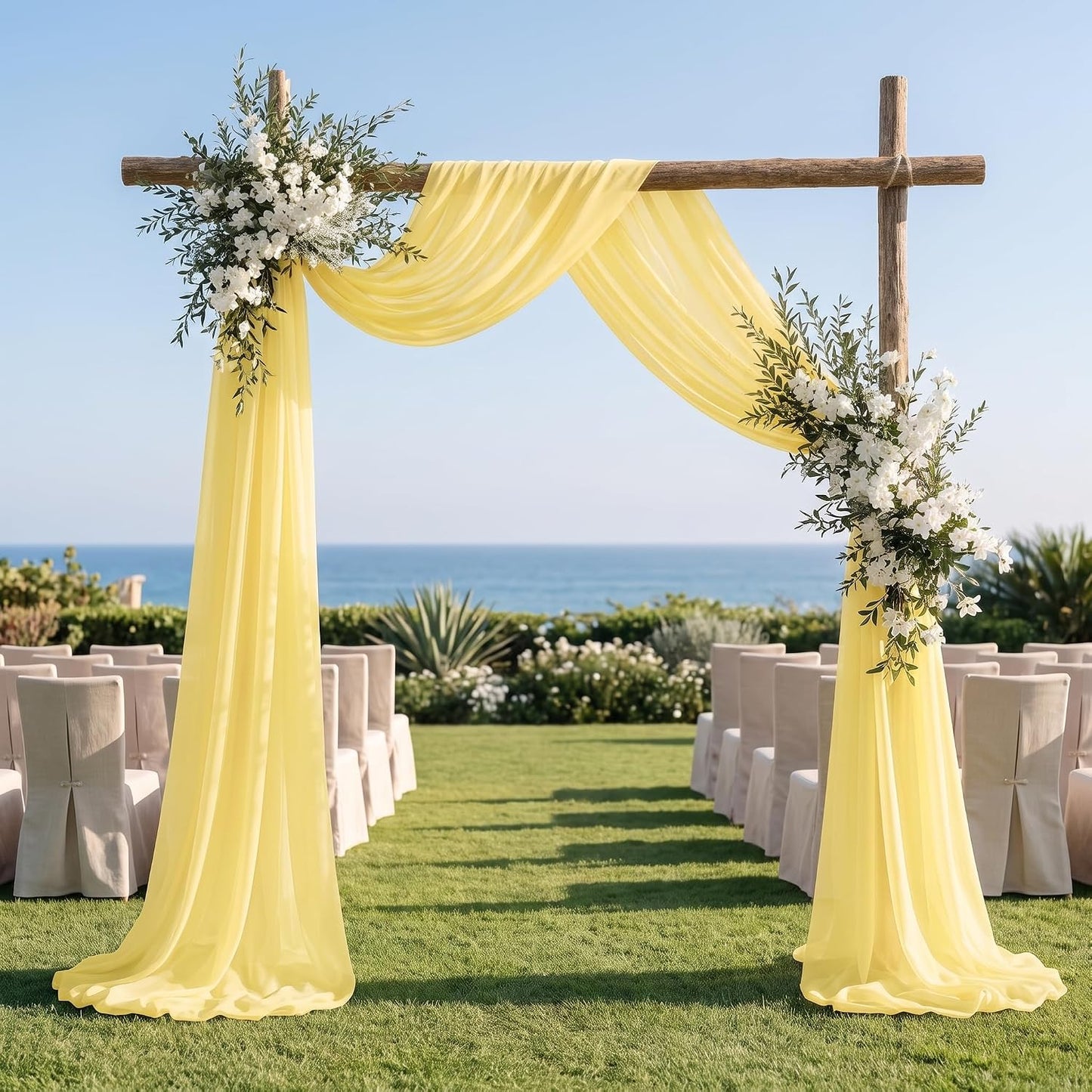 Yellow Chiffon Wedding Arch Draping 18FT 2 Panels Sheer Fabric | Semi-Sheer Chiffon, for Wedding Ceremony, Arch Backdrop, Reception, Baby Shower, Wrinkle-Free & Reusable, 6 Yards Each Panel