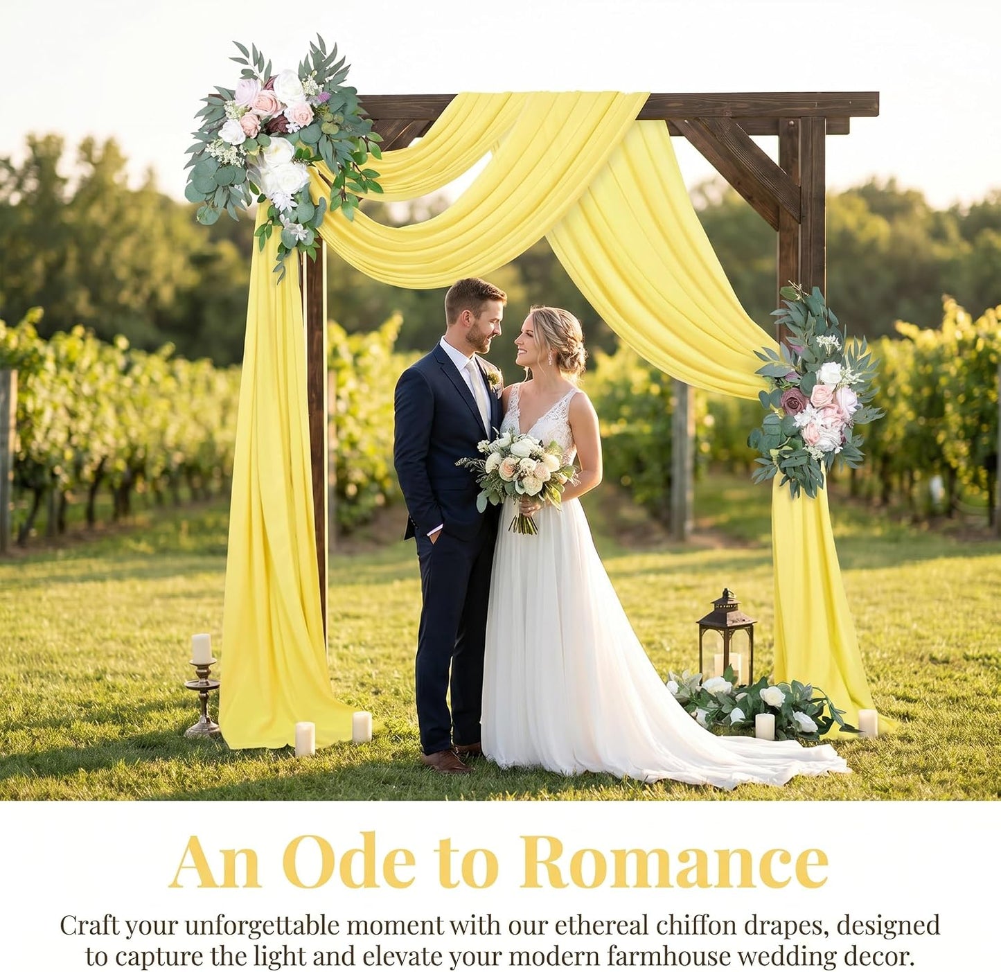 Yellow Chiffon Wedding Arch Draping 18FT 2 Panels Sheer Fabric | Semi-Sheer Chiffon, for Wedding Ceremony, Arch Backdrop, Reception, Baby Shower, Wrinkle-Free & Reusable, 6 Yards Each Panel