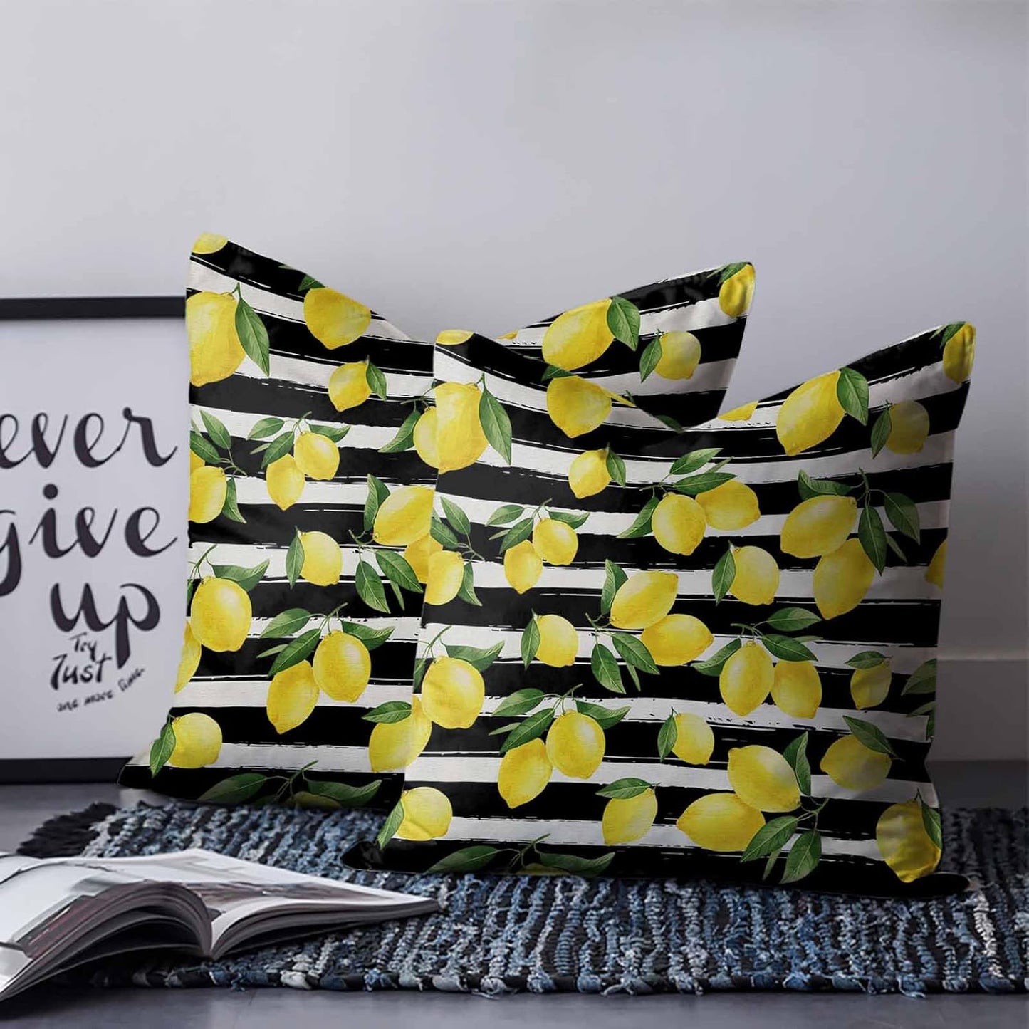 Yellow Lemon 2PCS Throw Pillow Covers for Couch Sofa Bed, Summer Fruit Black Striped Pillow Covers 18x18 inch, Standard Pillowcases Set Decorative Cushion Covers for Living Room Bedroom