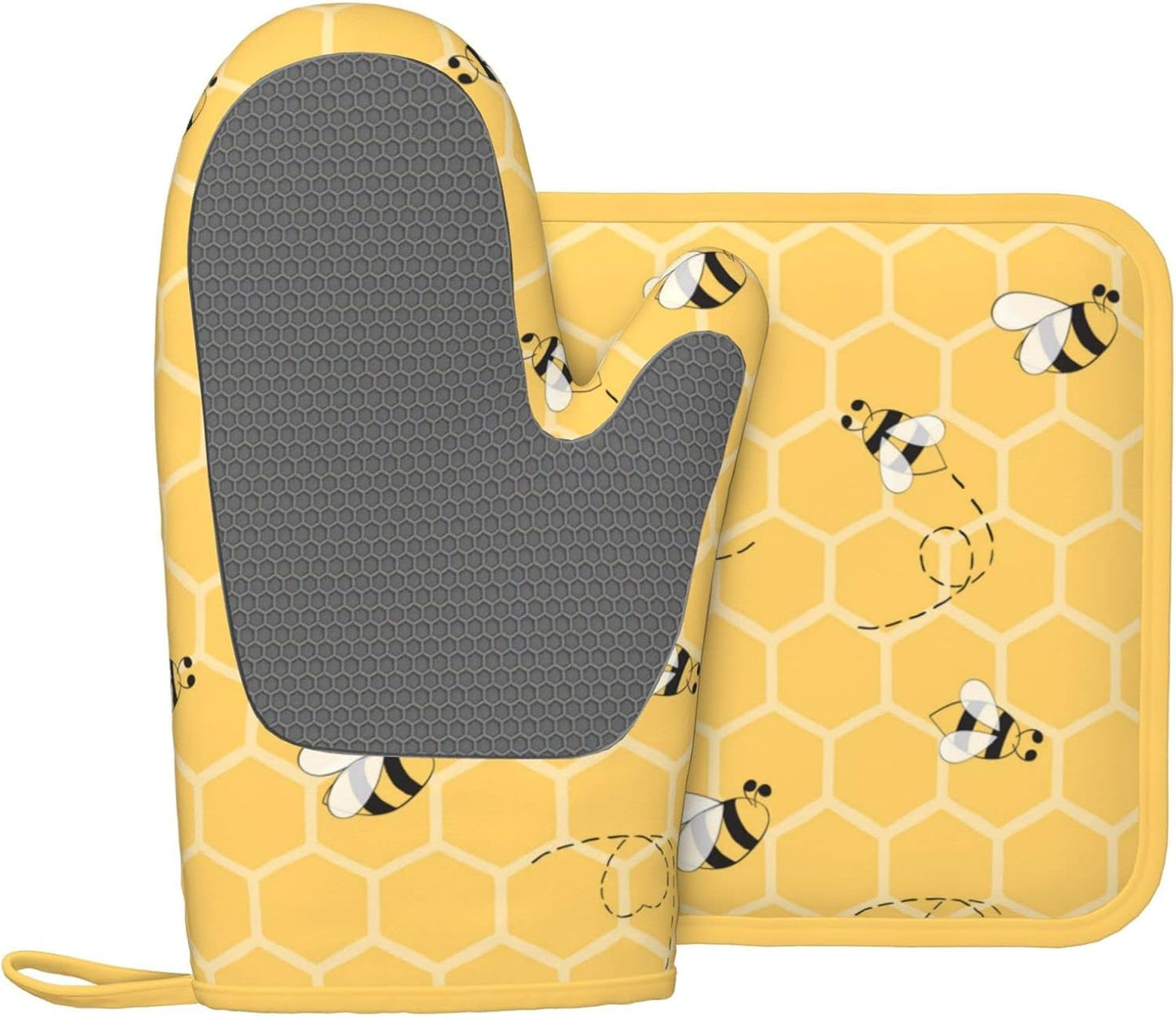 Oven Mitts and Potholders Yellow Bees Honey Silicone Glove Heat Resistant, Kitchen Gloves for Cooking, 2-Piece Set