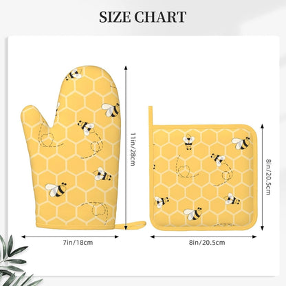 Oven Mitts and Potholders Yellow Bees Honey Silicone Glove Heat Resistant, Kitchen Gloves for Cooking, 2-Piece Set