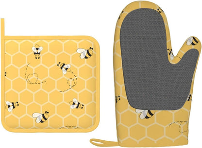 Oven Mitts and Potholders Yellow Bees Honey Silicone Glove Heat Resistant, Kitchen Gloves for Cooking, 2-Piece Set