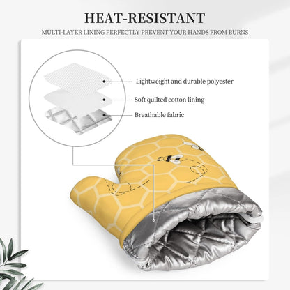 Oven Mitts and Potholders Yellow Bees Honey Silicone Glove Heat Resistant, Kitchen Gloves for Cooking, 2-Piece Set