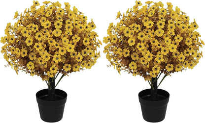 24" Artificial Fall Potted Plants Outdoor Set of 2, UV Resistant Faux Yellow Daisy Mums Flowers with Eucalyptus, Decorative Plants in Pots for Front Porch, Patio & Entryway