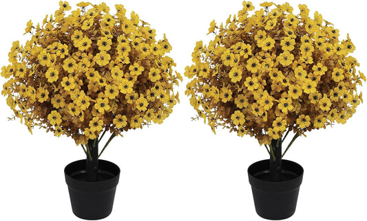24" Artificial Fall Potted Plants Outdoor Set of 2, UV Resistant Faux Yellow Daisy Mums Flowers with Eucalyptus, Decorative Plants in Pots for Front Porch, Patio & Entryway