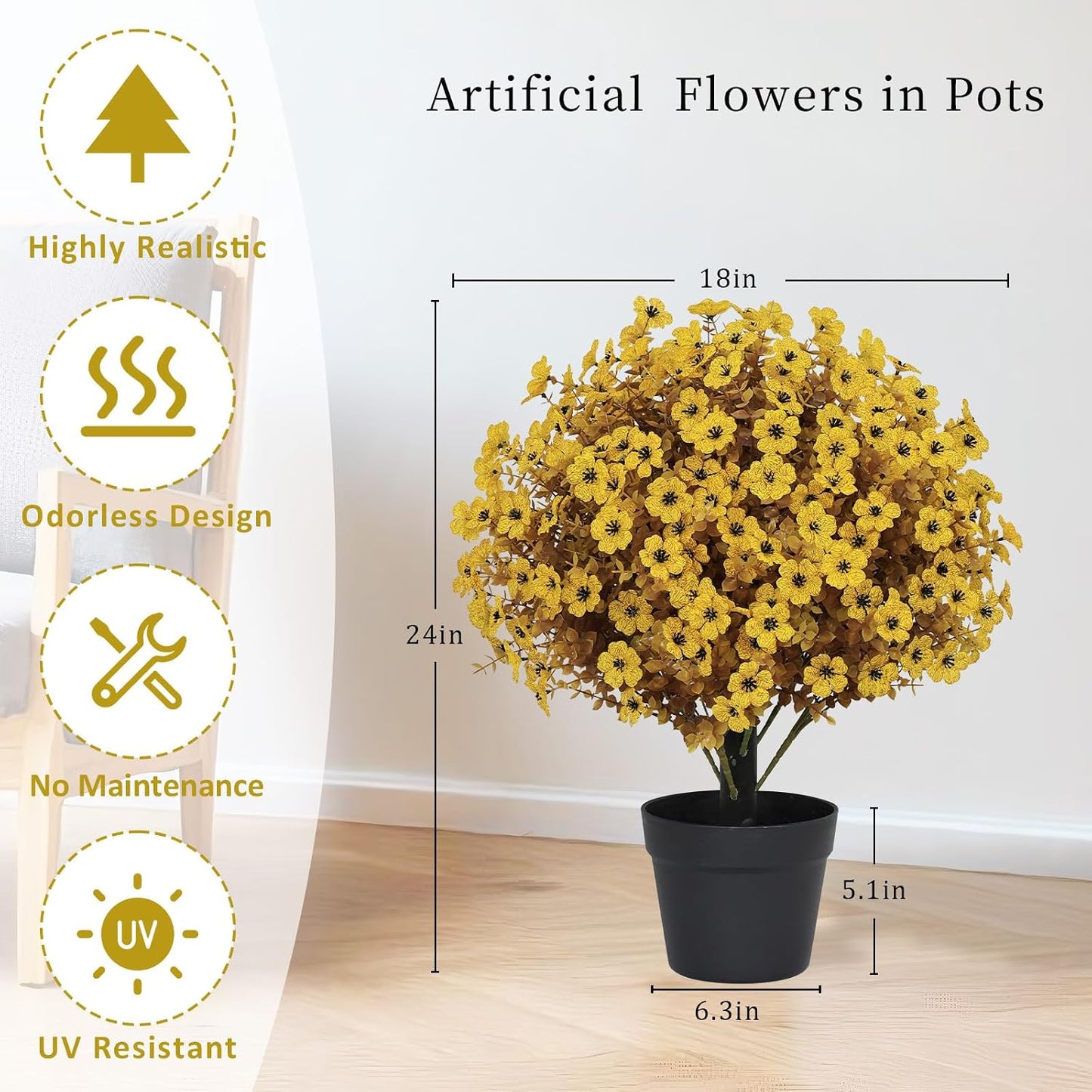 24" Artificial Fall Potted Plants Outdoor Set of 2, UV Resistant Faux Yellow Daisy Mums Flowers with Eucalyptus, Decorative Plants in Pots for Front Porch, Patio & Entryway