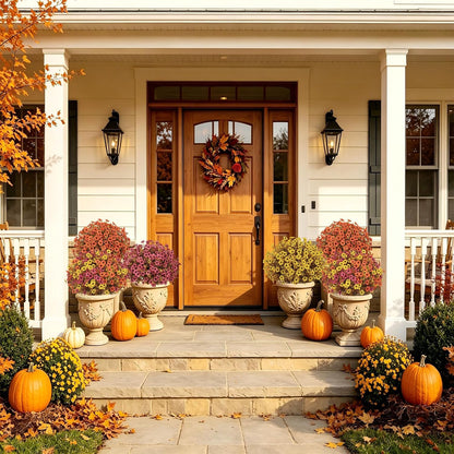 24" Artificial Fall Potted Plants Outdoor Set of 2, UV Resistant Faux Yellow Daisy Mums Flowers with Eucalyptus, Decorative Plants in Pots for Front Porch, Patio & Entryway