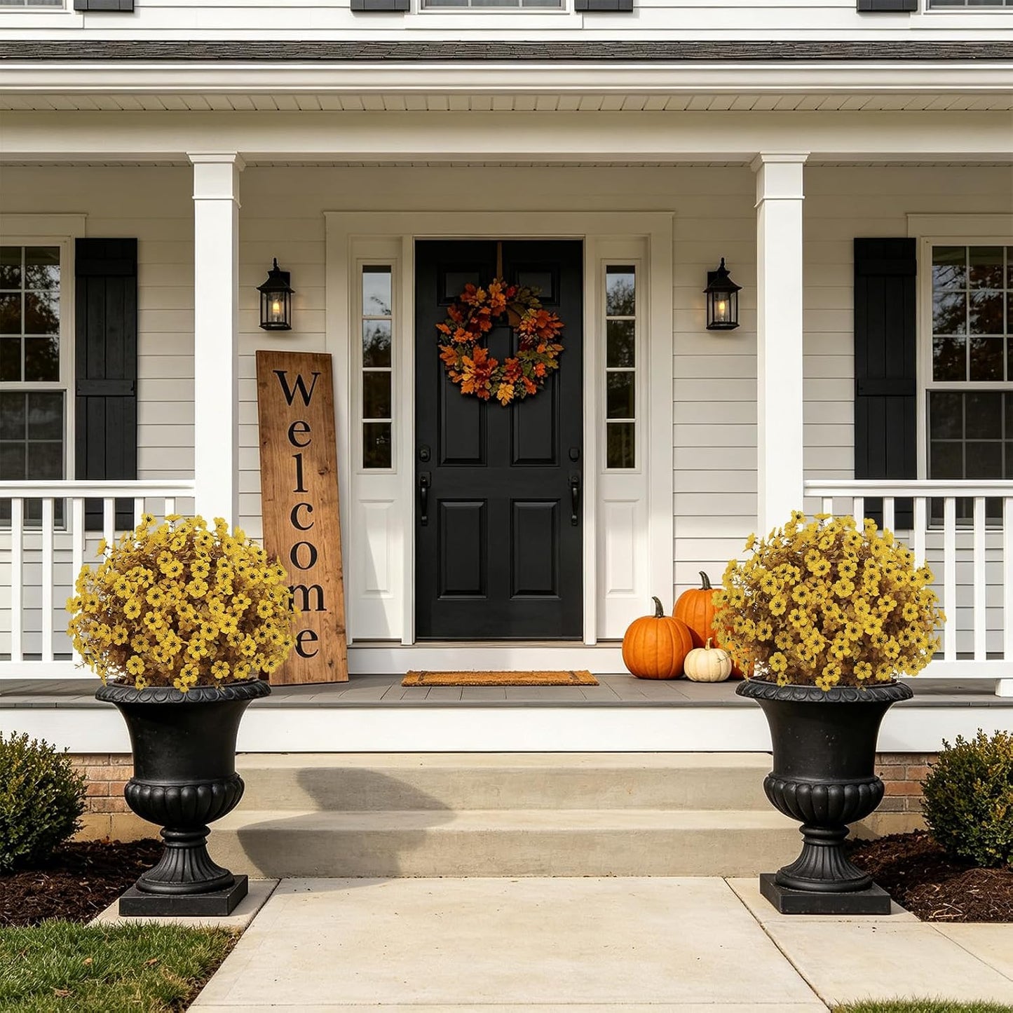 24" Artificial Fall Potted Plants Outdoor Set of 2, UV Resistant Faux Yellow Daisy Mums Flowers with Eucalyptus, Decorative Plants in Pots for Front Porch, Patio & Entryway