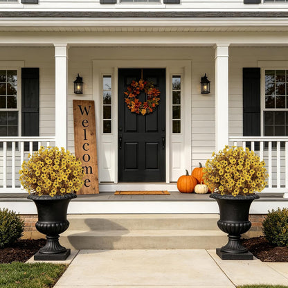 24" Artificial Fall Potted Plants Outdoor Set of 2, UV Resistant Faux Yellow Daisy Mums Flowers with Eucalyptus, Decorative Plants in Pots for Front Porch, Patio & Entryway