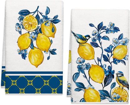 Summer Lemon Bird Kitchen Towels, Geometric Pattern Dish Towels Set of 2, Blue Tile Amalfi Coast Lemon 18 x 26 Inch Hand Towel Quick Drying Dishcloth Decor for Kitchen Bathroom Home