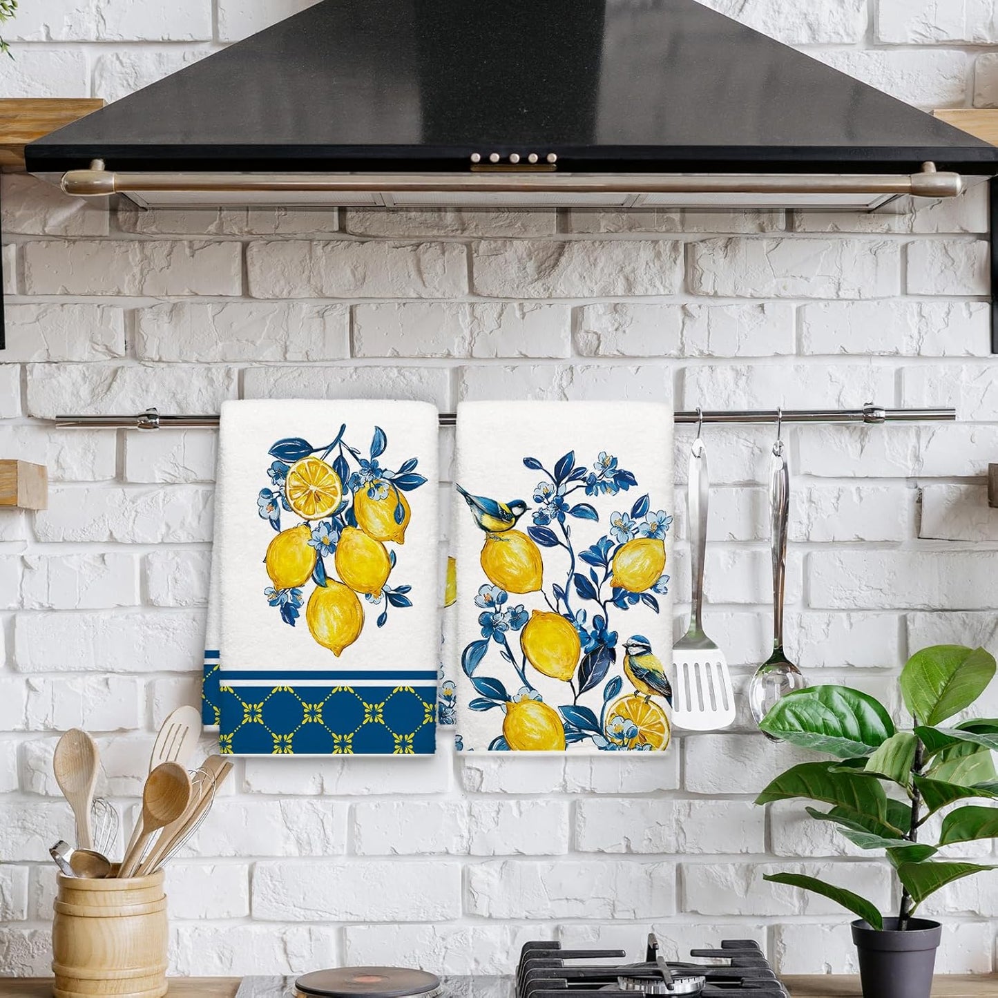 Summer Lemon Bird Kitchen Towels, Geometric Pattern Dish Towels Set of 2, Blue Tile Amalfi Coast Lemon 18 x 26 Inch Hand Towel Quick Drying Dishcloth Decor for Kitchen Bathroom Home