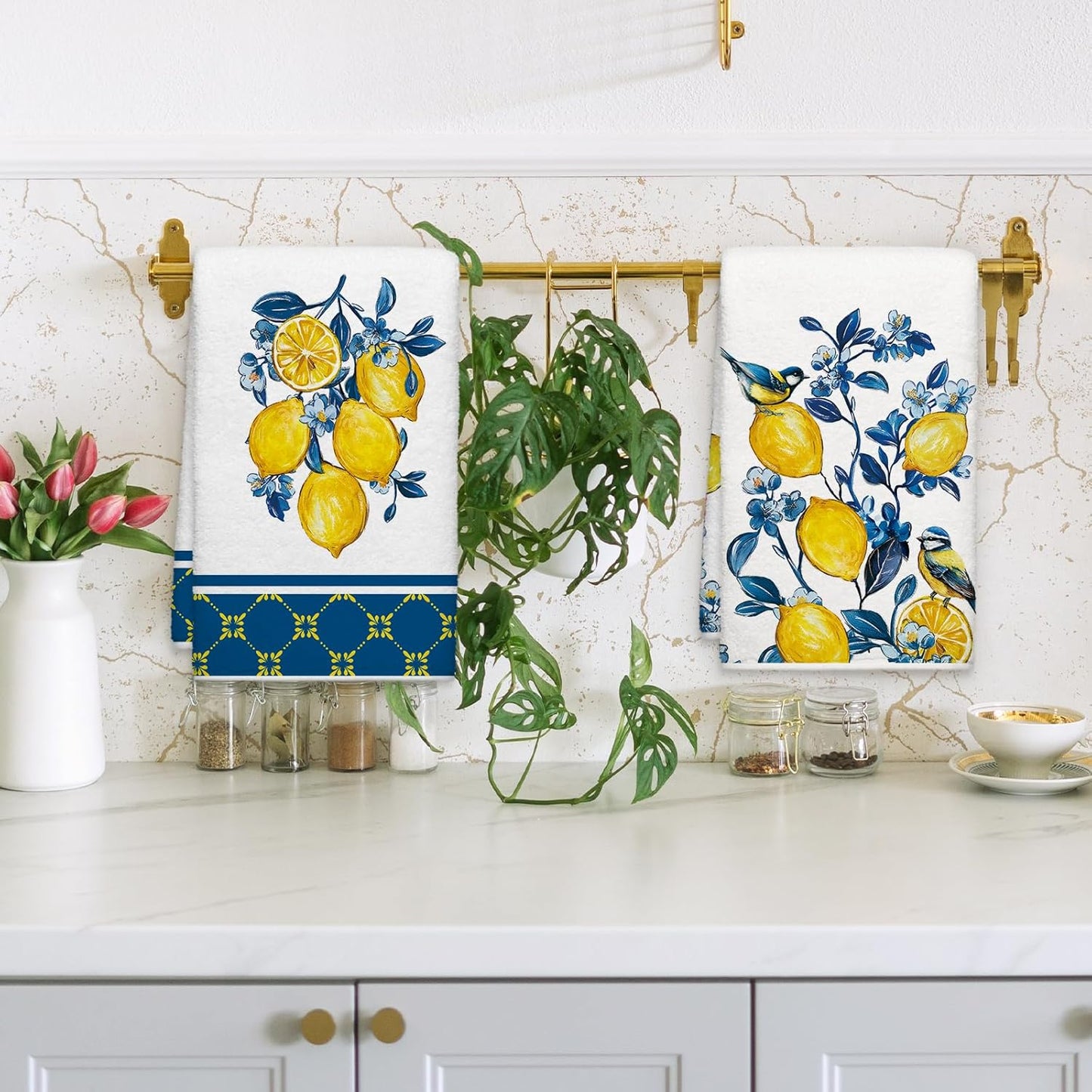 Summer Lemon Bird Kitchen Towels, Geometric Pattern Dish Towels Set of 2, Blue Tile Amalfi Coast Lemon 18 x 26 Inch Hand Towel Quick Drying Dishcloth Decor for Kitchen Bathroom Home