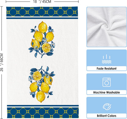 Summer Lemon Bird Kitchen Towels, Geometric Pattern Dish Towels Set of 2, Blue Tile Amalfi Coast Lemon 18 x 26 Inch Hand Towel Quick Drying Dishcloth Decor for Kitchen Bathroom Home