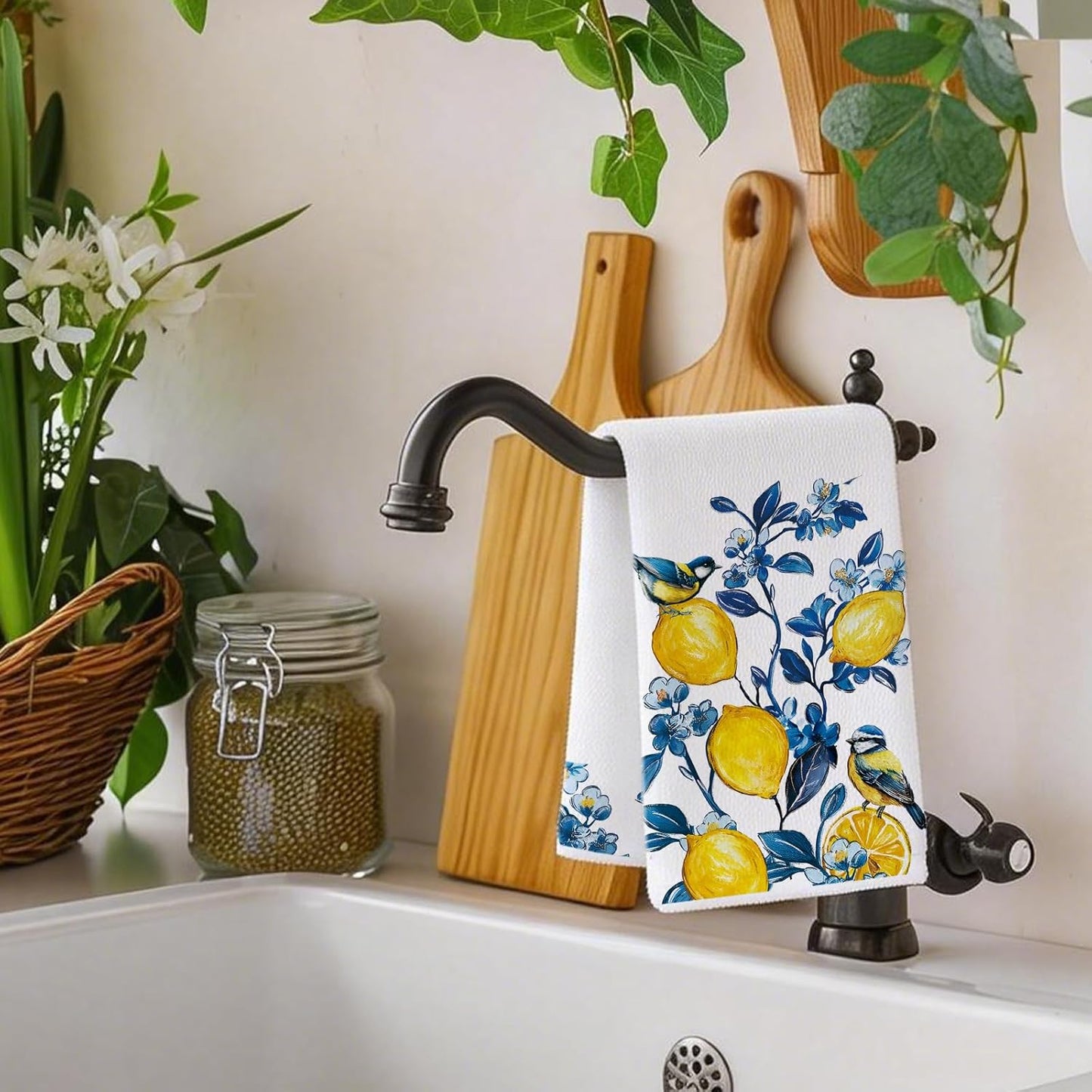 Summer Lemon Bird Kitchen Towels, Geometric Pattern Dish Towels Set of 2, Blue Tile Amalfi Coast Lemon 18 x 26 Inch Hand Towel Quick Drying Dishcloth Decor for Kitchen Bathroom Home