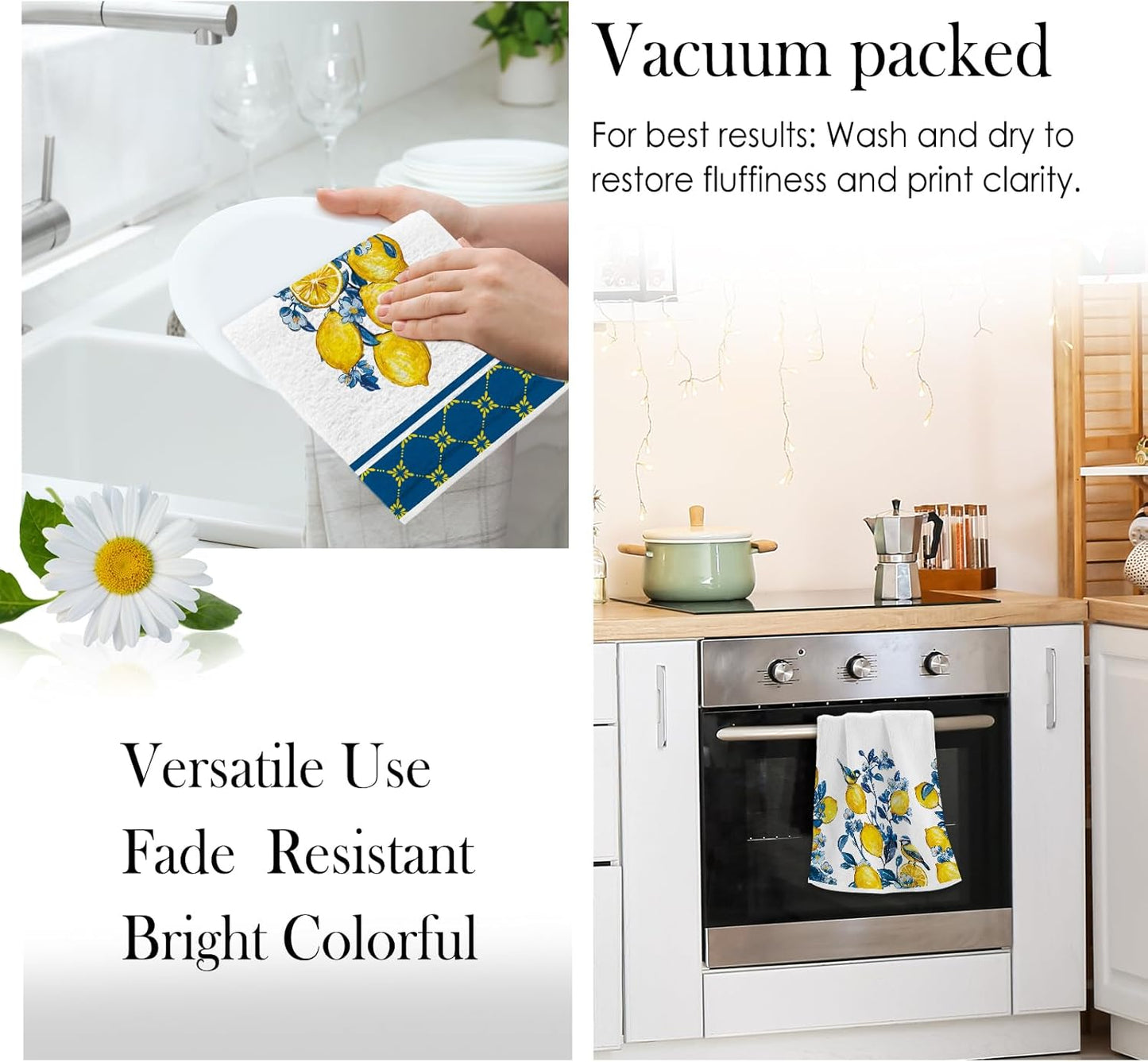 Summer Lemon Bird Kitchen Towels, Geometric Pattern Dish Towels Set of 2, Blue Tile Amalfi Coast Lemon 18 x 26 Inch Hand Towel Quick Drying Dishcloth Decor for Kitchen Bathroom Home