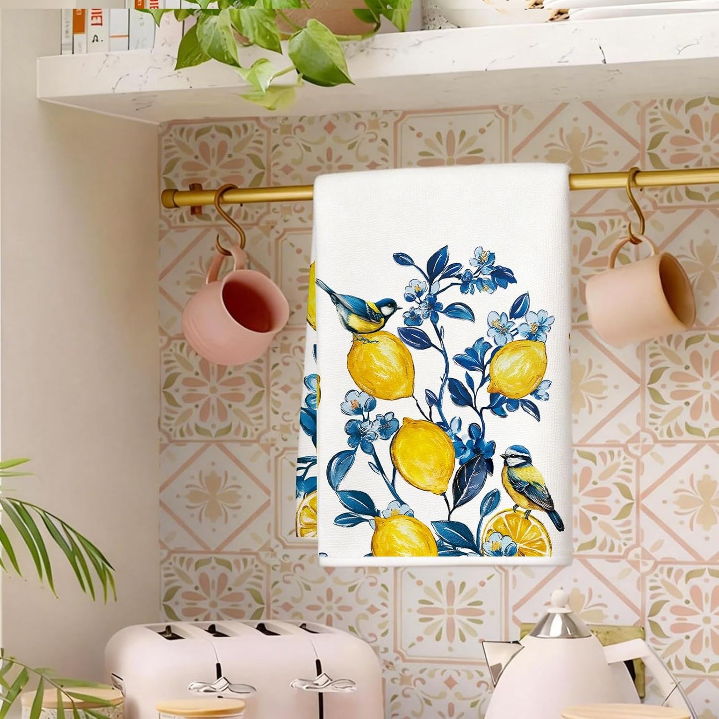Summer Lemon Bird Kitchen Towels, Geometric Pattern Dish Towels Set of 2, Blue Tile Amalfi Coast Lemon 18 x 26 Inch Hand Towel Quick Drying Dishcloth Decor for Kitchen Bathroom Home