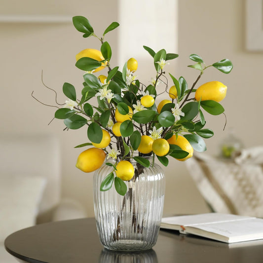 Artificial Lemons Branches, 8 Head Faux Lemons with Stem Fake Lemon Themed for Kitchen Decoration Party Farmhouse Decor (Yellow) | Fake Lemon Stems, Summer Home Kitchen Decor, Farmhouse Party Decorations