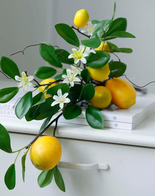 Artificial Lemons Branches, 8 Head Faux Lemons with Stem Fake Lemon Themed for Kitchen Decoration Party Farmhouse Decor (Yellow) | Fake Lemon Stems, Summer Home Kitchen Decor, Farmhouse Party Decorations