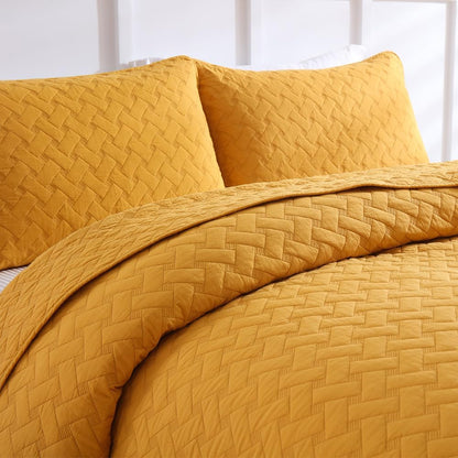 Cotton Quilt Bedding Sets Queen Size, 3 Pieces Reversible Lightweight Coverlets Comforters Bedspreads for All Seasons,Weave Stitching Pattern,Yellow