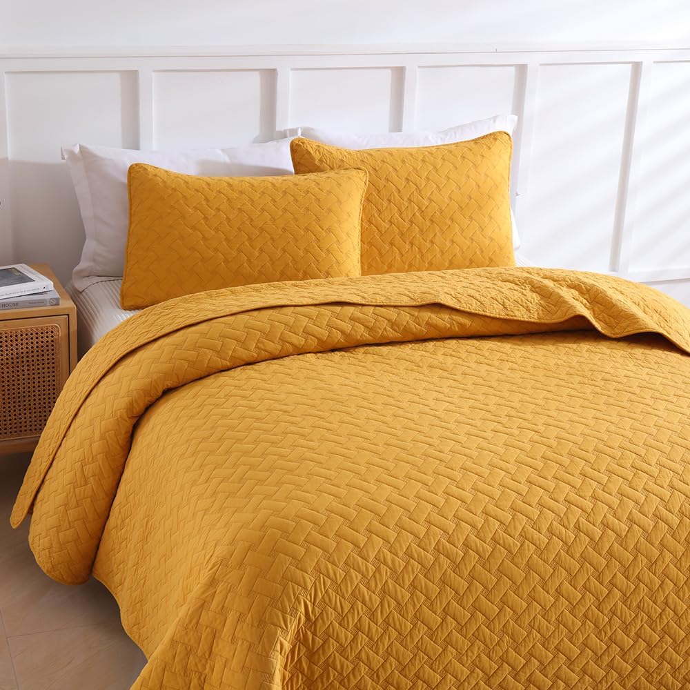 Cotton Quilt Bedding Sets Queen Size, 3 Pieces Reversible Lightweight Coverlets Comforters Bedspreads for All Seasons,Weave Stitching Pattern,Yellow
