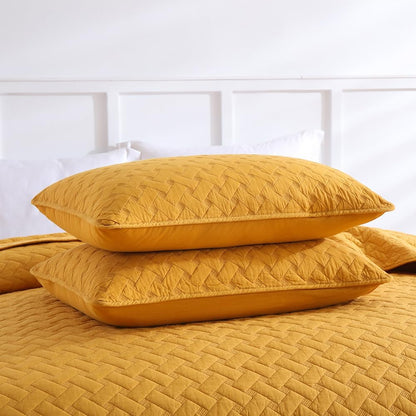Cotton Quilt Bedding Sets Queen Size, 3 Pieces Reversible Lightweight Coverlets Comforters Bedspreads for All Seasons,Weave Stitching Pattern,Yellow
