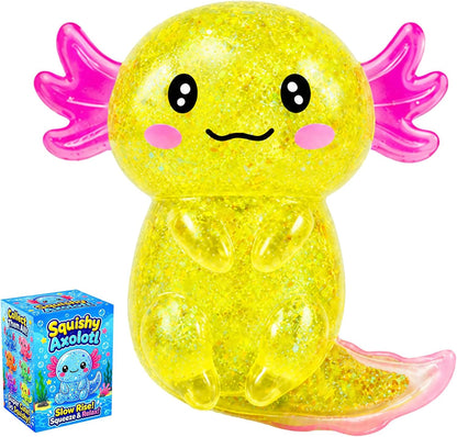 Axolotl Squishy Toy, Cute Glitter Stress Relief Fidget Toy (Yellow) | Slow Rising Squeeze Sensory Toy for Kids Adults, Anxiety Relief Squishy Salamander, Gift for Party Birthday Christmas