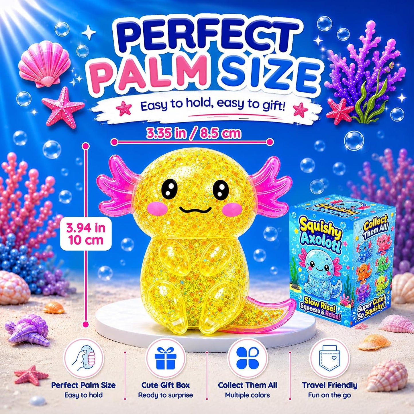 Axolotl Squishy Toy, Cute Glitter Stress Relief Fidget Toy (Yellow) | Slow Rising Squeeze Sensory Toy for Kids Adults, Anxiety Relief Squishy Salamander, Gift for Party Birthday Christmas