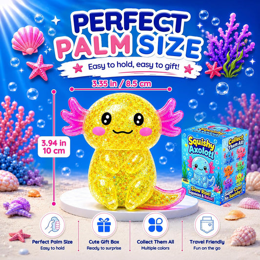 Axolotl Squishy Toy, Cute Glitter Stress Relief Fidget Toy (Yellow) | Slow Rising Squeeze Sensory Toy for Kids Adults, Anxiety Relief Squishy Salamander, Gift for Party Birthday Christmas