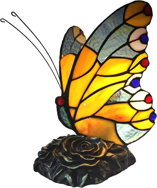 Bedside Table Lamp LED Tiffany Table Lamps Yellow Butterfly Stained Glass Shade ON Off Switch Night Light Side Table lamp for Living Room Bedroom Farmhouse Mothers Day Gifts