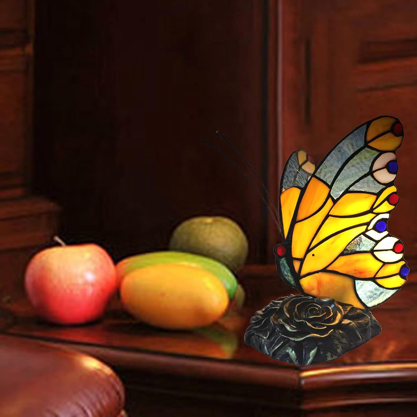 Bedside Table Lamp LED Tiffany Table Lamps Yellow Butterfly Stained Glass Shade ON Off Switch Night Light Side Table lamp for Living Room Bedroom Farmhouse Mothers Day Gifts