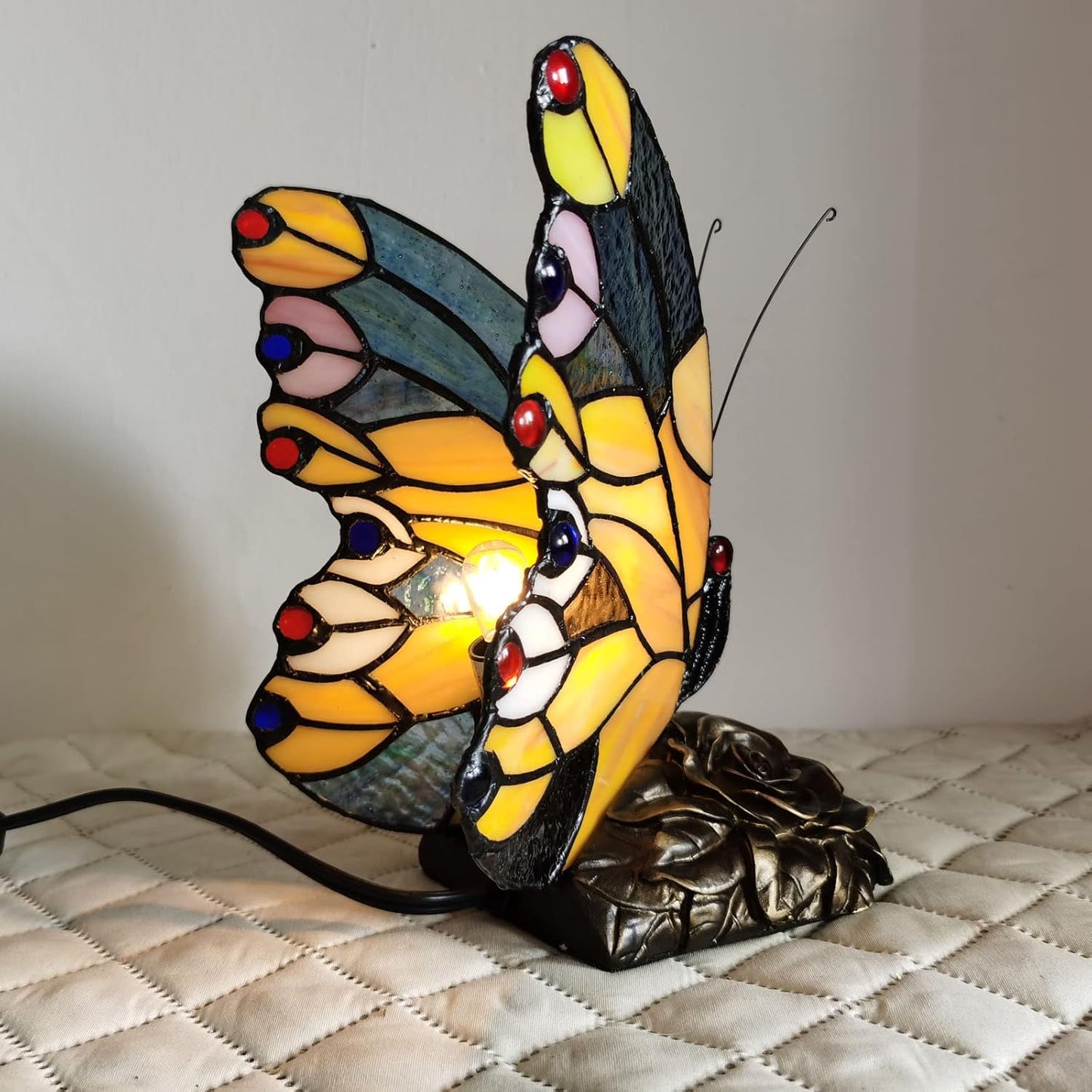 Bedside Table Lamp LED Tiffany Table Lamps Yellow Butterfly Stained Glass Shade ON Off Switch Night Light Side Table lamp for Living Room Bedroom Farmhouse Mothers Day Gifts