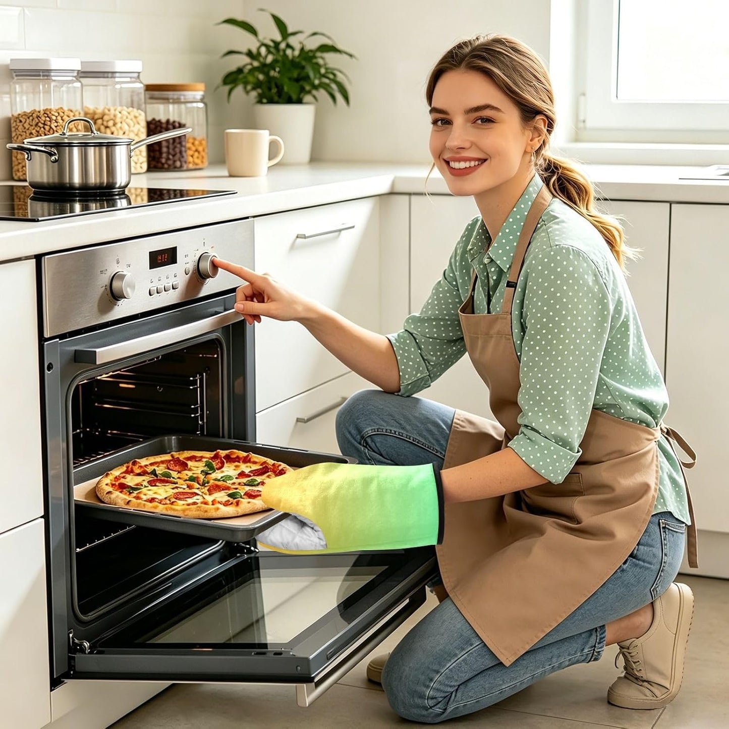 Yellow Light Green Gradient Oven Mitts Short Kitchen Oven Gloves | 2-Pack Heat Resistant Short Cotton Kitchen Gloves with Hanging Loop, 9.5x5.7 in