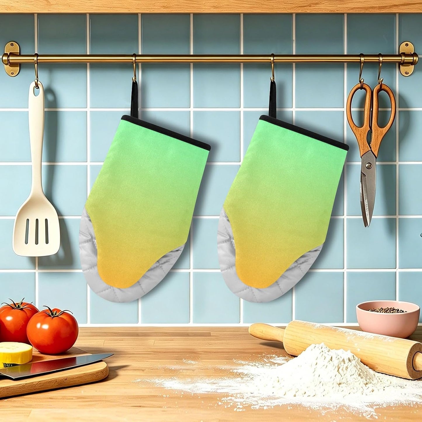 Yellow Light Green Gradient Oven Mitts Short Kitchen Oven Gloves | 2-Pack Heat Resistant Short Cotton Kitchen Gloves with Hanging Loop, 9.5x5.7 in