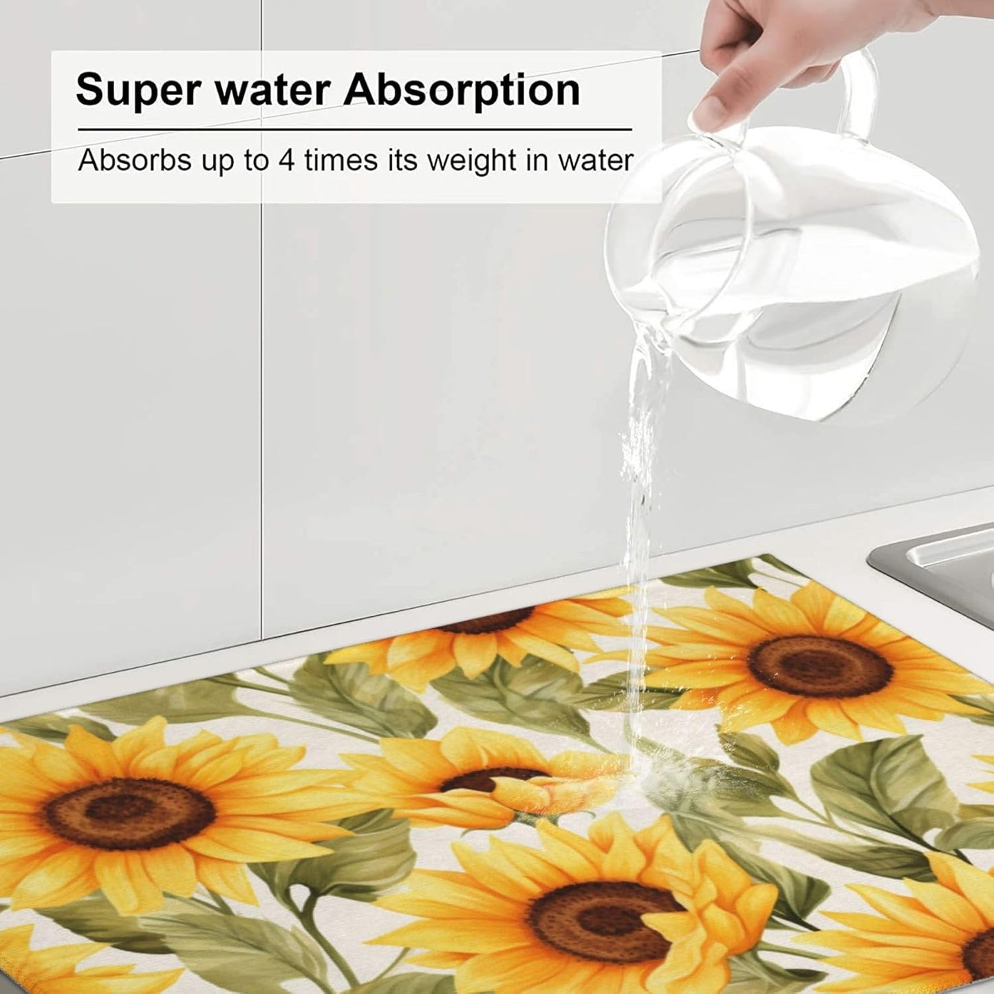 Yellow Sunflower Dish Drying Mat - Reversible Microfiber Design - Absorbent And Versatile Kitchen Essential White