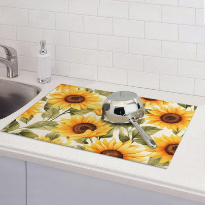 Yellow Sunflower Dish Drying Mat - Reversible Microfiber Design - Absorbent And Versatile Kitchen Essential White