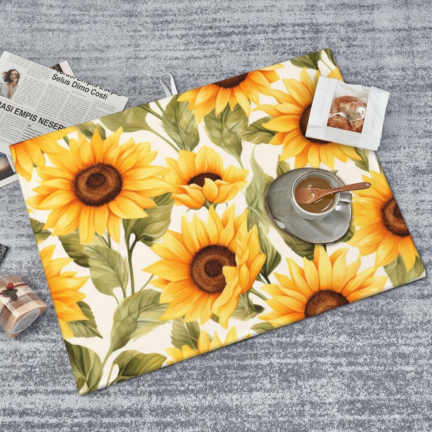 Yellow Sunflower Dish Drying Mat - Reversible Microfiber Design - Absorbent And Versatile Kitchen Essential White