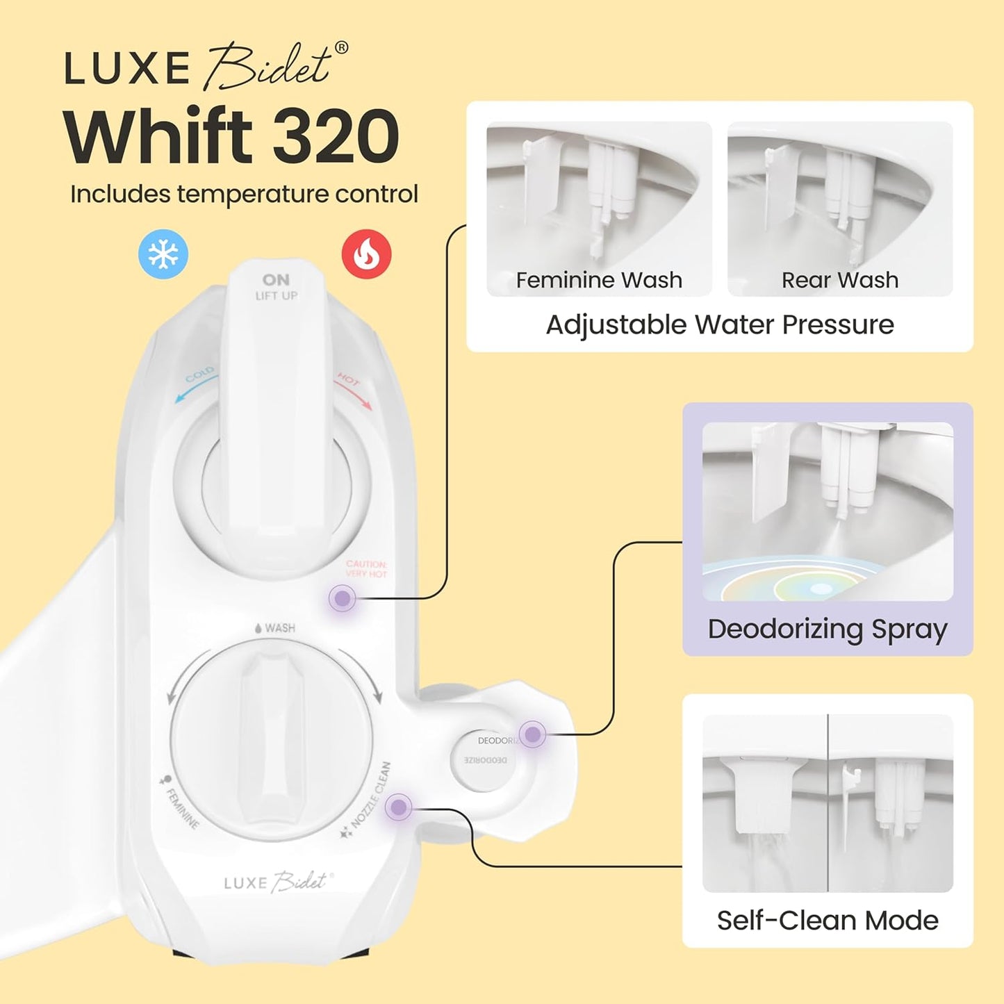 Whift 320 Bidet With Built-In Deodorizing Spray, Non-Electric Warm Water Bidet Attachment For Toilet Seat, Lemon Spray Included, Easy Slide-In Install, Rear & Feminine Wash (White)