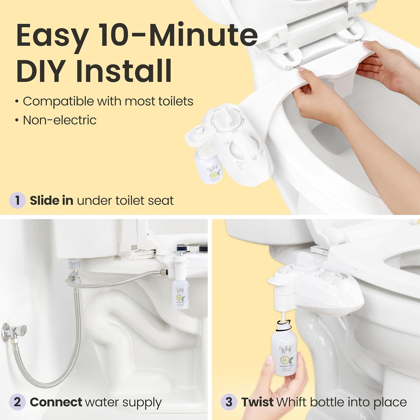 Whift 320 Bidet With Built-In Deodorizing Spray, Non-Electric Warm Water Bidet Attachment For Toilet Seat, Lemon Spray Included, Easy Slide-In Install, Rear & Feminine Wash (White)