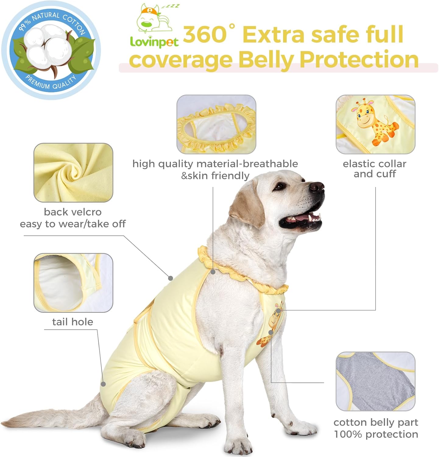 Dog Recovery Suit, Wound Protective E-Collar Alternative for Large Medium Dogs, Abdomen Care Post-Surgery Wear, Deer Pattern, Yellow Collar/Yellow, XXL