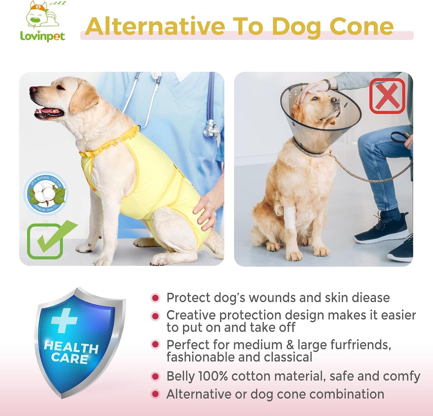 Dog Recovery Suit, Wound Protective E-Collar Alternative for Large Medium Dogs, Abdomen Care Post-Surgery Wear, Deer Pattern, Yellow Collar/Yellow, XXL