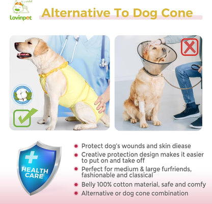 Dog Recovery Suit, Wound Protective E-Collar Alternative for Large Medium Dogs, Abdomen Care Post-Surgery Wear, Deer Pattern, Yellow Collar/Yellow, XXL