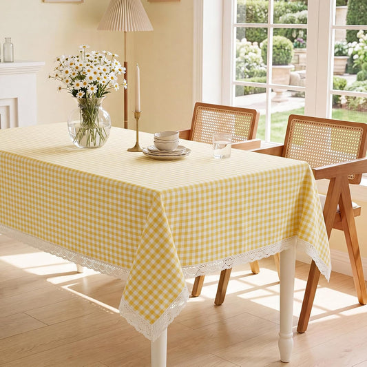 52x70inch Yellow Gingham Tablecloth with Lace Trim Vintage Plaid Tablecloth Checkered Table Cloth Rectangular Washable Farmhouse Table Decorations for Kitchen Dining