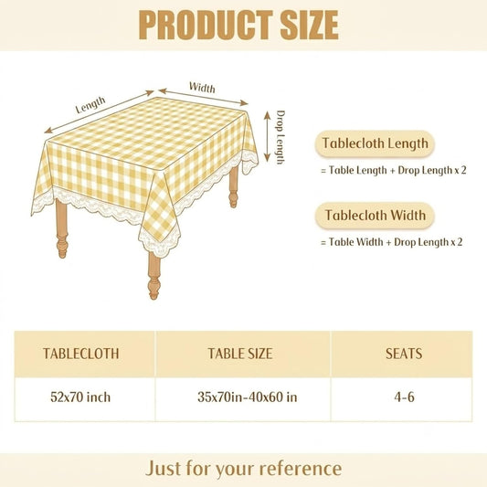 52x70inch Yellow Gingham Tablecloth with Lace Trim Vintage Plaid Tablecloth Checkered Table Cloth Rectangular Washable Farmhouse Table Decorations for Kitchen Dining