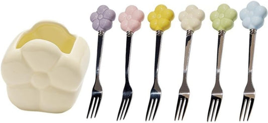 (6 Pieces) Ceramic Storage Jar Stainless Steel Fruit Fork Dessert Spoon Desktop Decoration Set Afternoon Tea Spoon Fork (Cream Yellow,Fork)