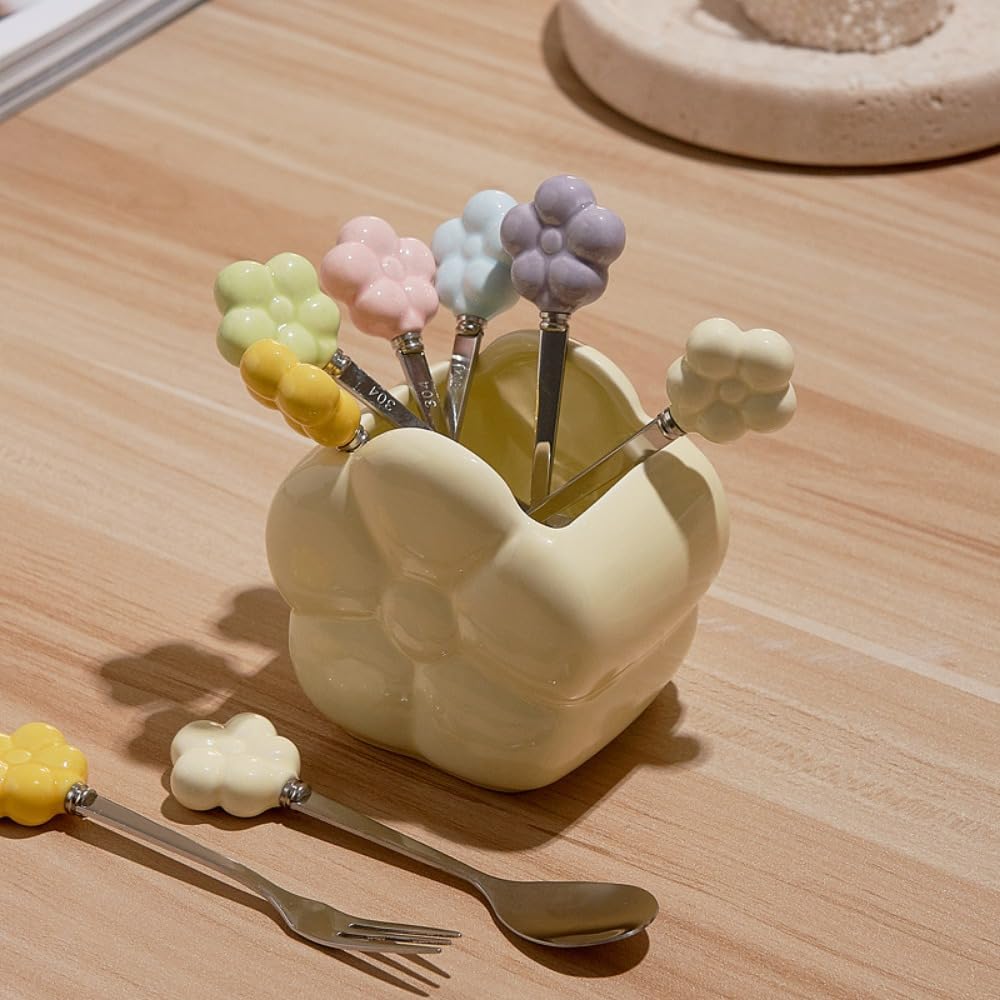 (6 Pieces) Ceramic Storage Jar Stainless Steel Fruit Fork Dessert Spoon Desktop Decoration Set Afternoon Tea Spoon Fork (Cream Yellow,Fork)